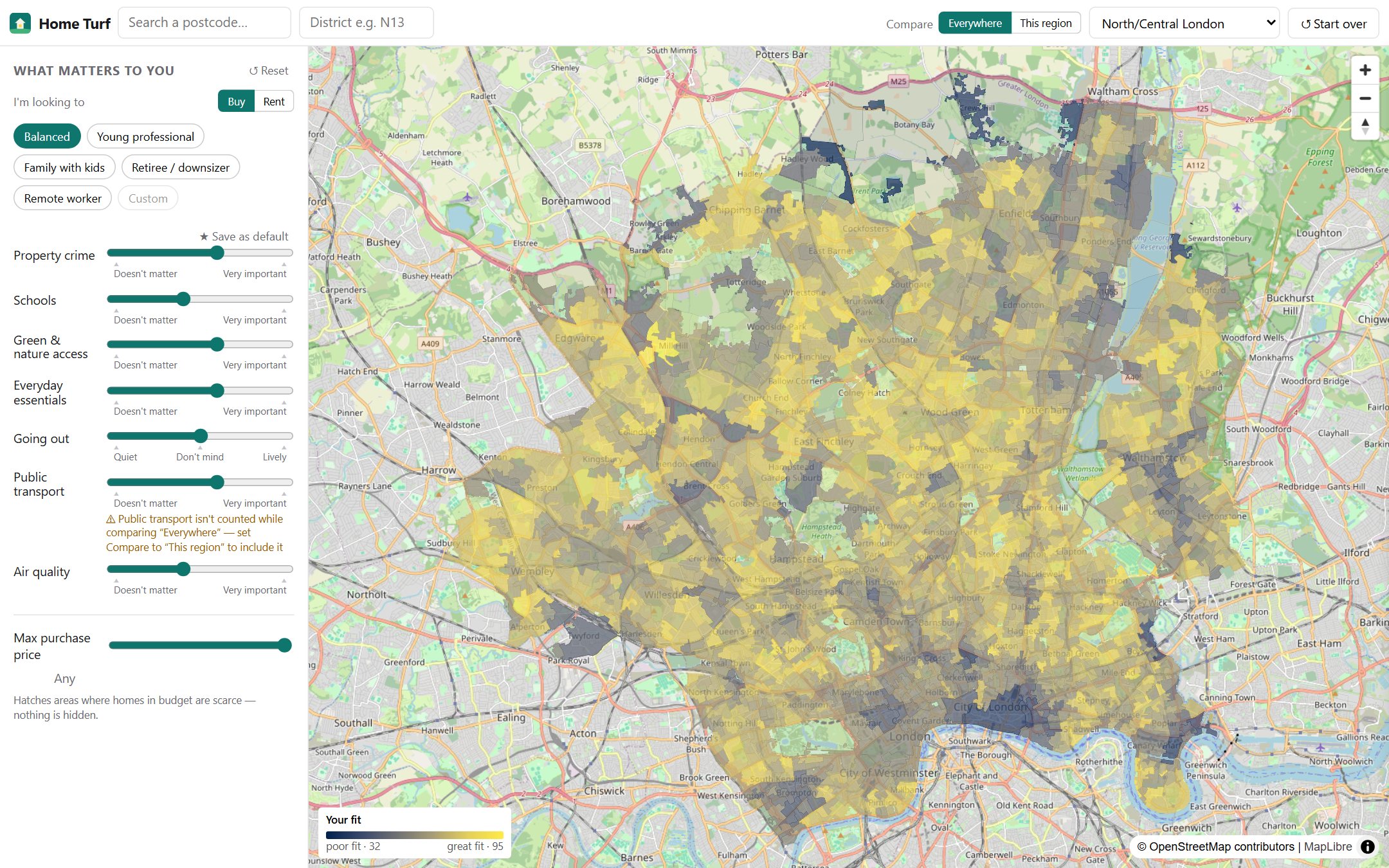 The Home Turf app: a sidebar of weighted priorities beside a map of London coloured by your personal fit score